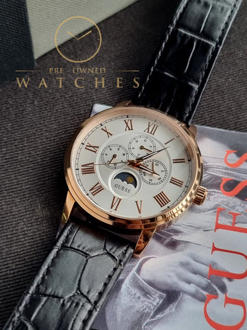 Guess Men’s Quartz Black Leather Strap White Dial 44mm Watch W0870G2